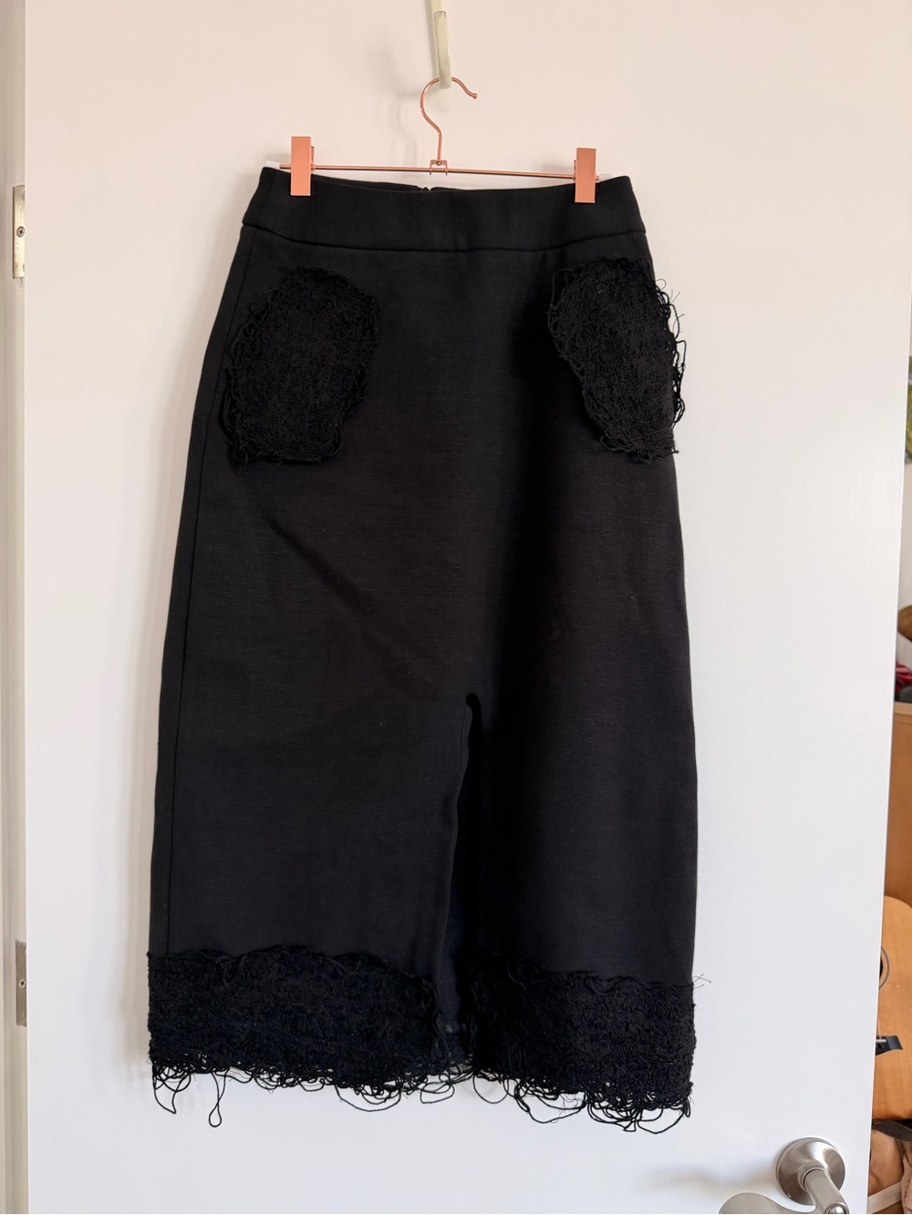 beaufille Black Midi Skirt with Textured Lace Pockets and Hem